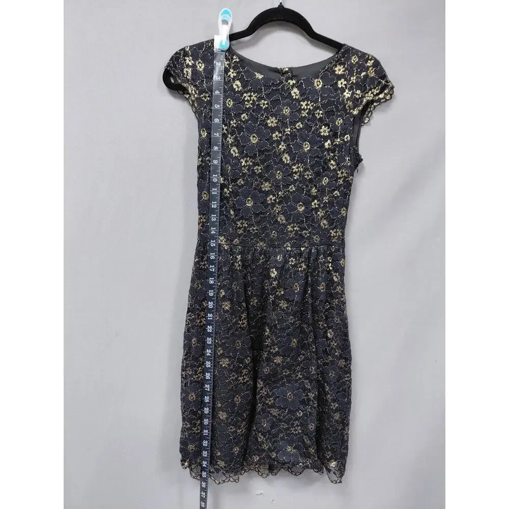 Gianni Bini Black Gold Metallic Floral Lace A-Line Dress Women Size 2